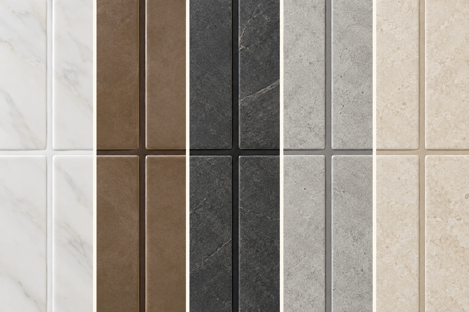De izquierda a derecha: boquilla extra blanca sobre tableta blanca, chocolate sobre tableta marrón, negra sobre tableta carbón, gris sobre tableta gris clara y beige sobre tableta arena