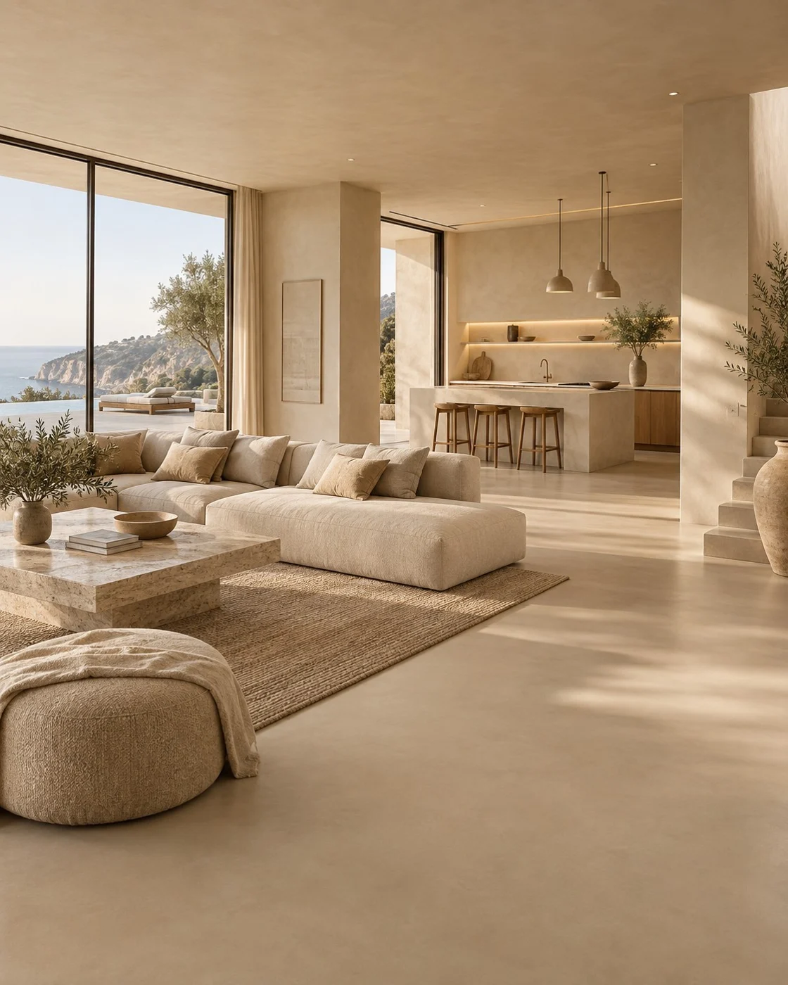 Sala en tono Arena, con superficies continuas y luz natural.