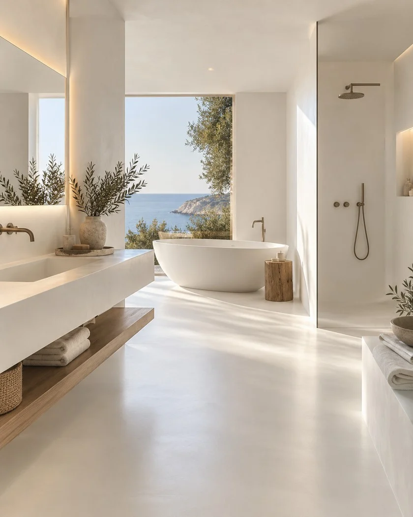 Baño en Extra Blanco, con continuidad entre piso y muros.