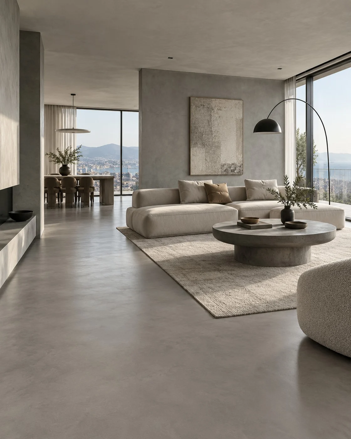 Interior en Gris Cemento, con piso continuo de tono neutro.