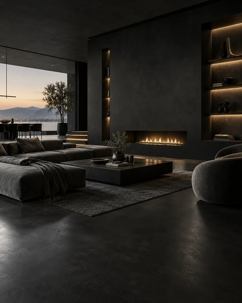 Sala en Negro Profundo, con chimenea y acabados de alto contraste.
