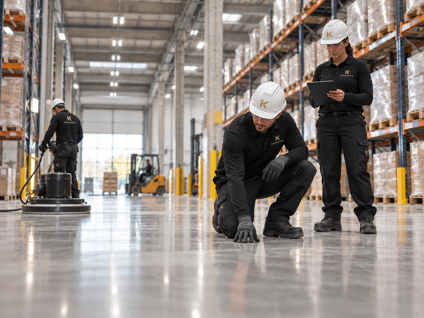Equipo técnico inspeccionando y manteniendo pisos en una bodega industrial