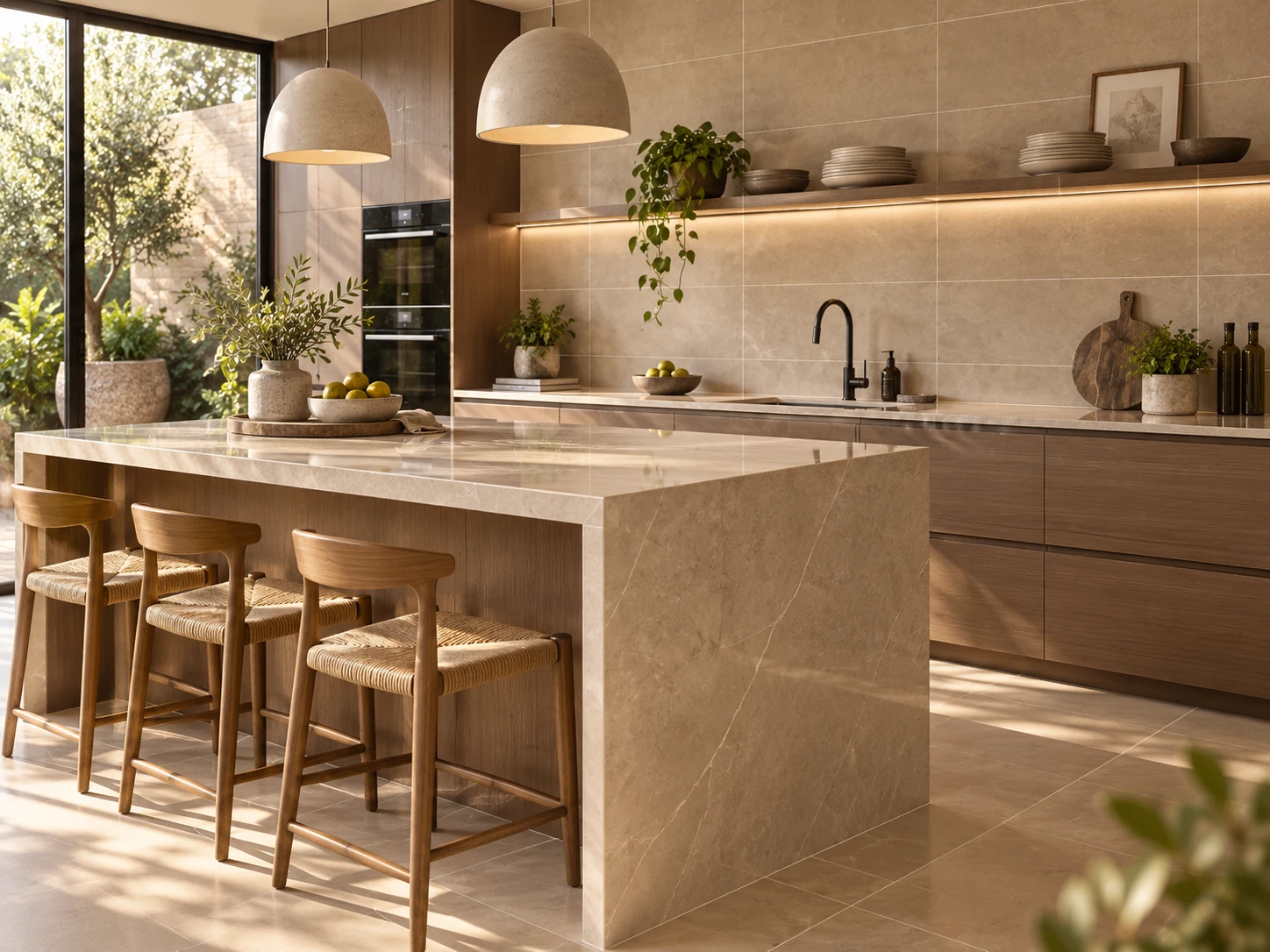 Cocina contemporánea con enchapes beige y juntas finas uniformes