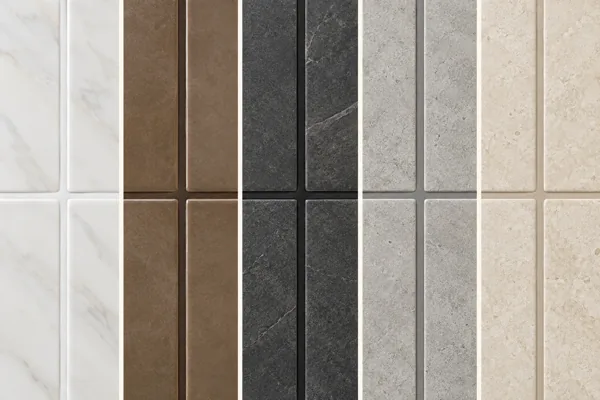 De izquierda a derecha: boquilla extra blanca sobre tableta blanca, chocolate sobre tableta marrón, negra sobre tableta carbón, gris sobre tableta gris clara y beige sobre tableta arena