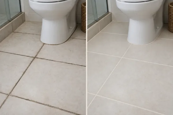 Simulación de juntas renovadas en el baño: juntas envejecidas a la izquierda y renovadas a la derecha