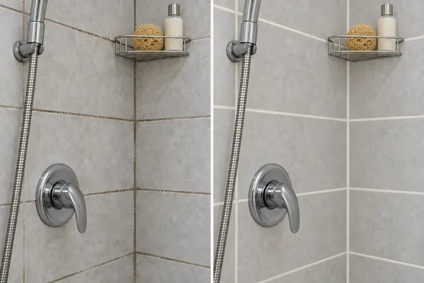 Simulación de atención a las juntas de la ducha: juntas envejecidas a la izquierda y renovadas a la derecha