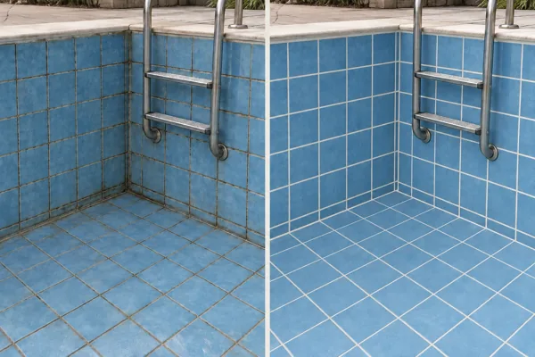 Simulación de renovación de juntas en piscinas: juntas envejecidas a la izquierda y renovadas a la derecha