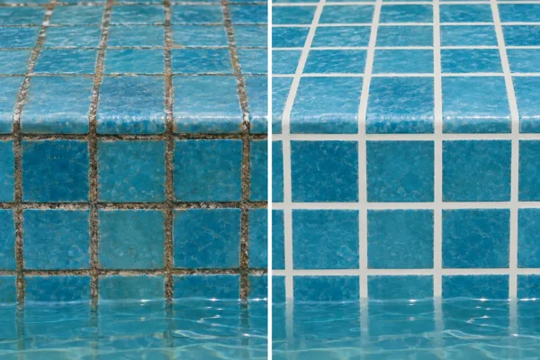 Simulación de el detalle en escalones y línea de agua: juntas envejecidas a la izquierda y renovadas a la derecha