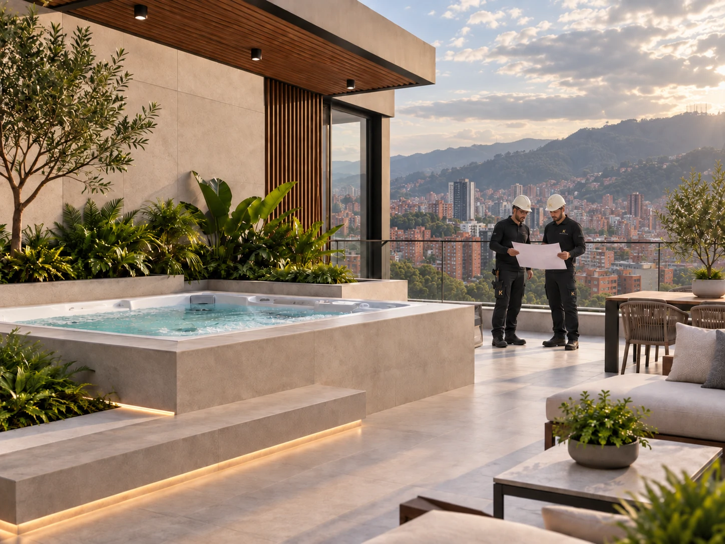 Planeación arquitectónica de una terraza con jacuzzi, jardineras y acabados minerales