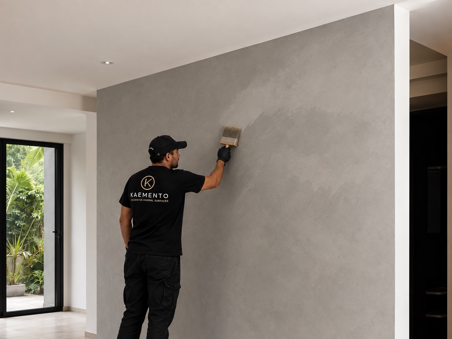 Aplicación de Micro Coat con brocha ancha sobre un muro gris