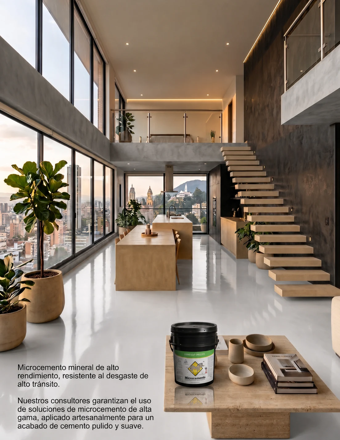 Dúplex conceptual con microcemento en pisos, muros y escaleras
