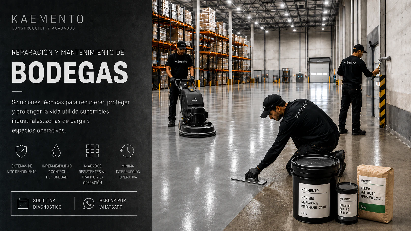 Equipo KAEMENTO recuperando un piso industrial en una bodega y centro logístico en operación