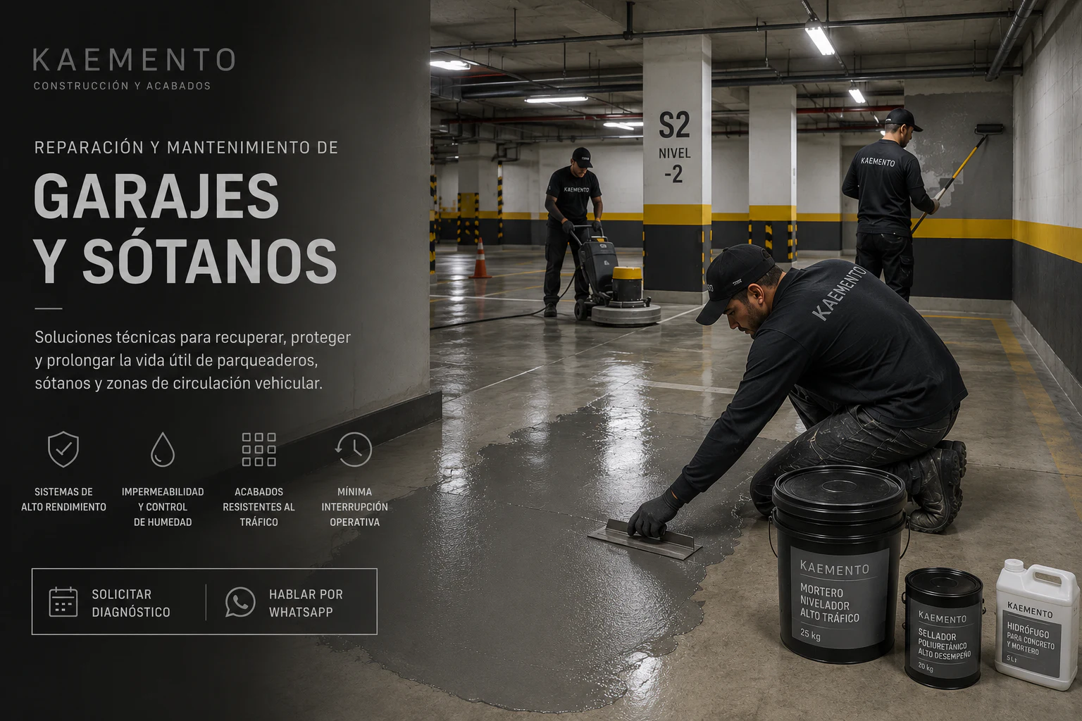 Equipo KAEMENTO reparando y protegiendo el piso de un garaje de alto tráfico