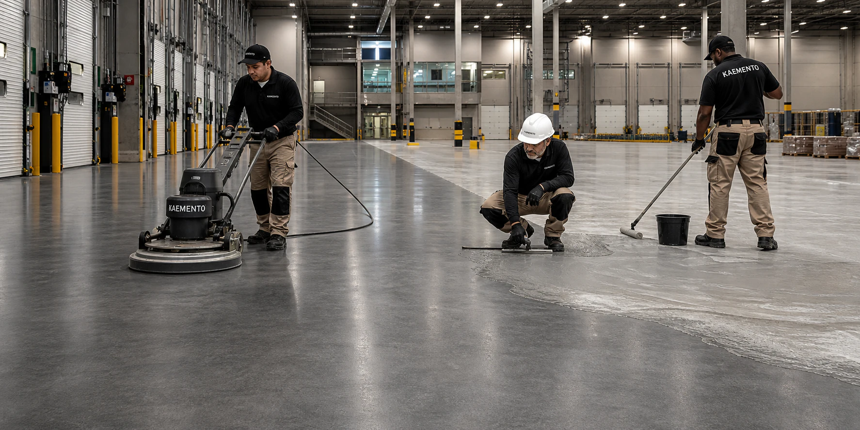 Equipo KAEMENTO ejecutando preparación y acabado de un piso industrial de alto tráfico