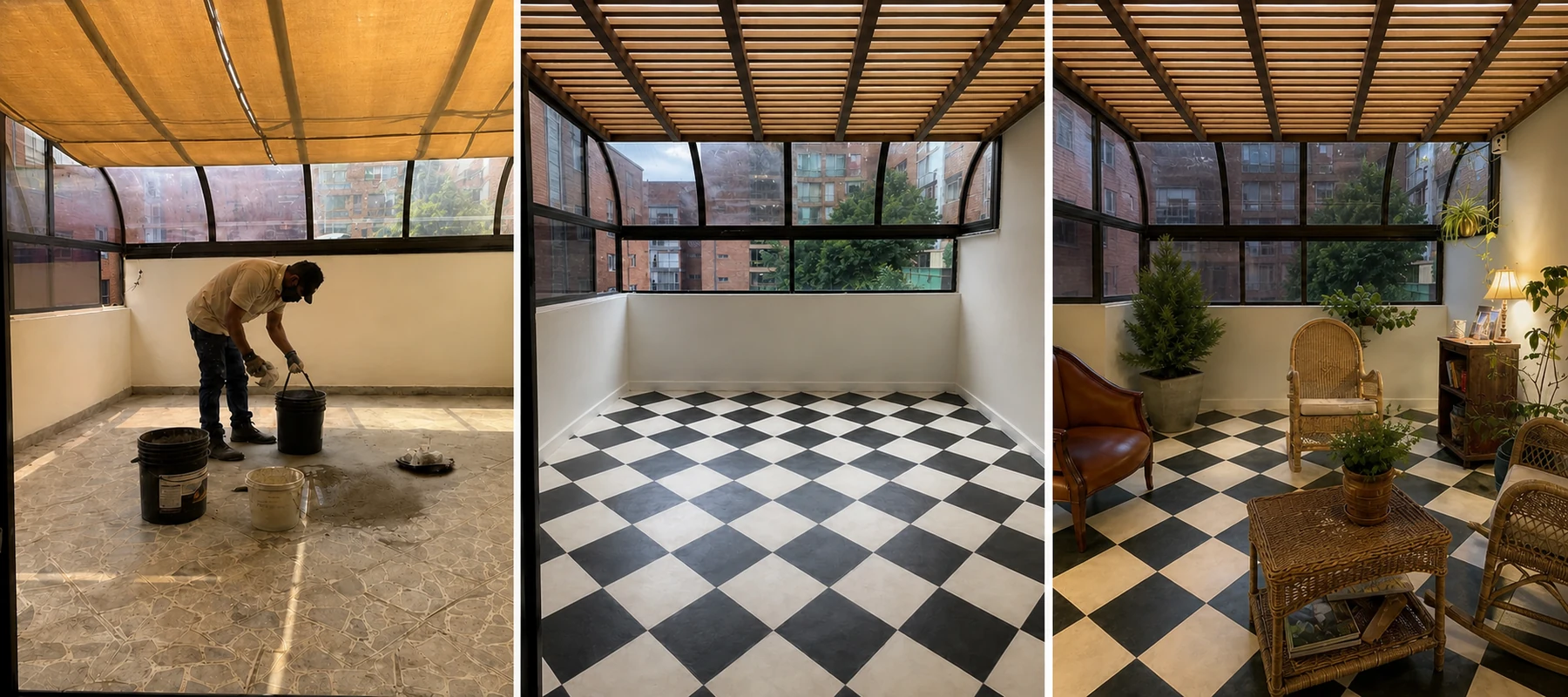 Proceso de preparación con cubierta original y resultado terminado con piso en patrón de ajedrez y pérgola de madera